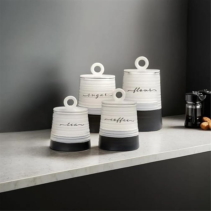 Young's Inc. 4 Pcs Set Rustic Modern Ceramic Canisters- Storage Container for Kitchen and Bathroom - Beautiful Home Decor Accent to Store Food, Coffee, Tea, and More - Black, White-Ruum Studio Home