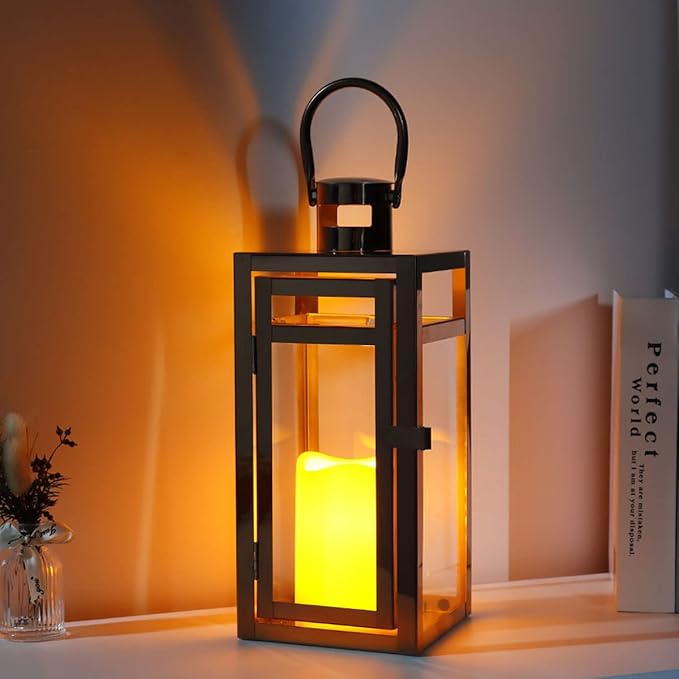 TRIROCKS Stainless Steel Decorative Lantern 12'' High Metal Candle Holder with Clear Glass Panels Perfect for Home Decor Living Room Parties Events Tabletop Indoors Outdoors (Rose Gold)-Ruum Studio Home
