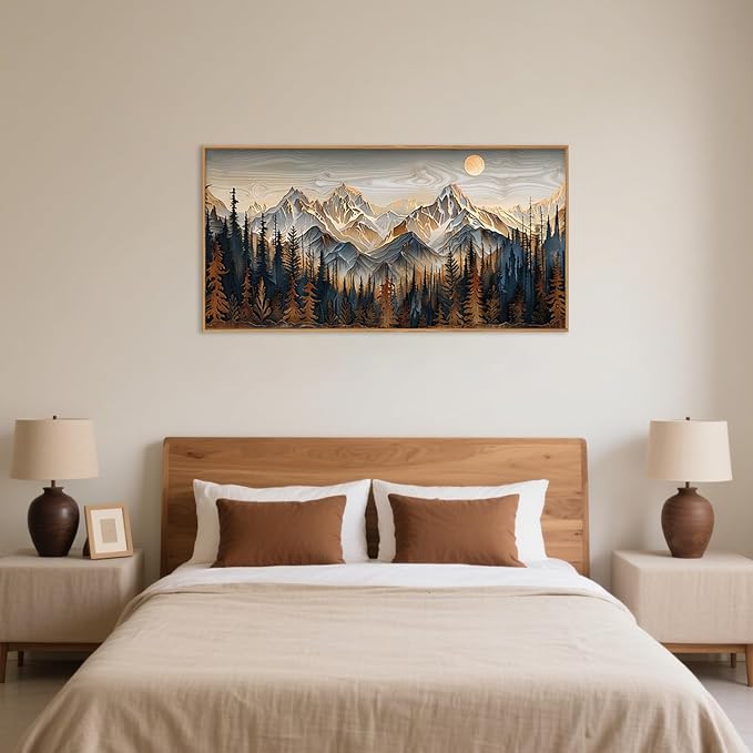 Celestdeco Wood Mountain Framed Canvas Wall Art Set, Pine Trees Wall Painting, Ridge Scenery Wall Decor, Natural Sun Landscape Art Print for Living Room, Bedroom, Dining Room, Office - 20"x40"x1-Ruum Studio Home