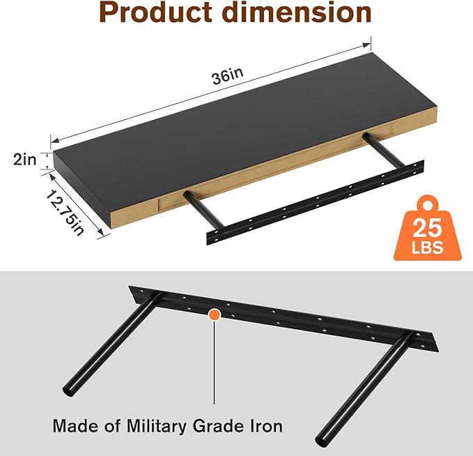 Floating Shelf, Set of 2 Wall Shelf, 36 in W x 12.75 in D x 2 in H Wooden Floating Wall Shelf with Invisible Brackets for Living Room/Bedroom/Bathroom/Kitchen Storage and Decor, Black Wood-Ruum Studio Home