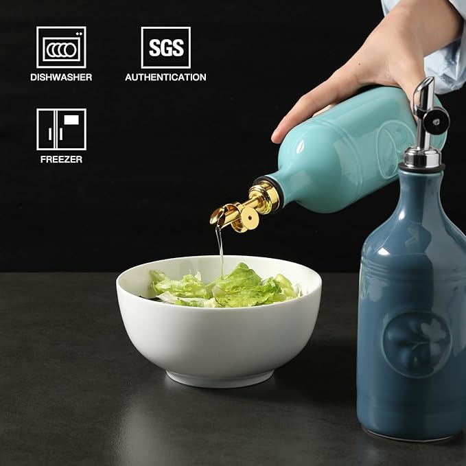 Sweejar 16 Oz Ceramic Olive Oil Dispenser Bottle, Oil Dispenser for Kitchen with Gravity Spout, Relief Opaque Vinegar Container for Evoo, Soy Sauce, 1 Pack(Fog Blue, Silver Spout)-Ruum Studio Home