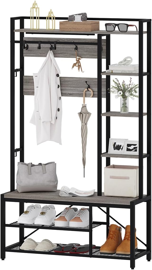 BON AUGURE Hall Tree with Bench and Shoe Storage, Entryway Bench with Coat Rack, Wooden Metal Coat Tree with Hooks, 5 in 1 Multifunctional Shoe Benches and Wall Rack (Dark Gray Oak)-Ruum Studio Home