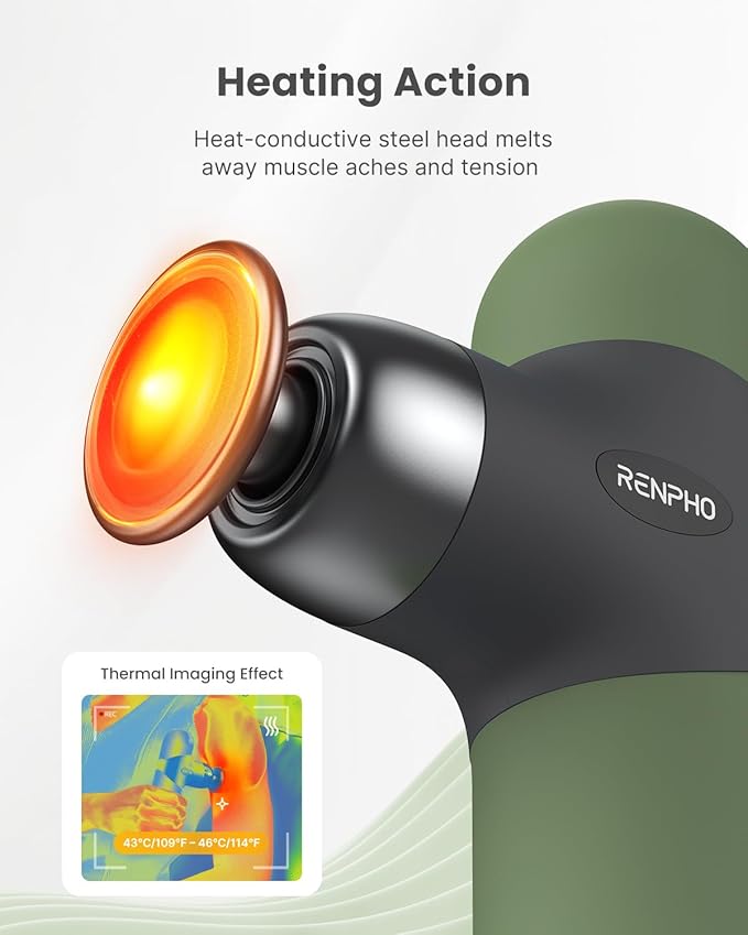 RENPHO Mini Thermal Massage Gun with Heat, Portable Deep Tissue Percussion Massager, Color Silicone Sleeves Travel Size with Carry Case, Olive Drab-Ruum Studio Home