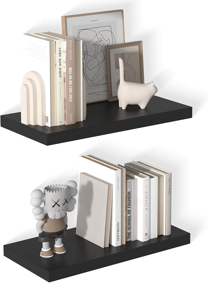 12 Inch Deep Floating Shelves for Wall 2 Pack Floating Shelves Large Storage Space Wall Mount Shelf for Living Room Kitchen Bathroom 24" W x 12" D x 1.2" H Black-Ruum Studio Home