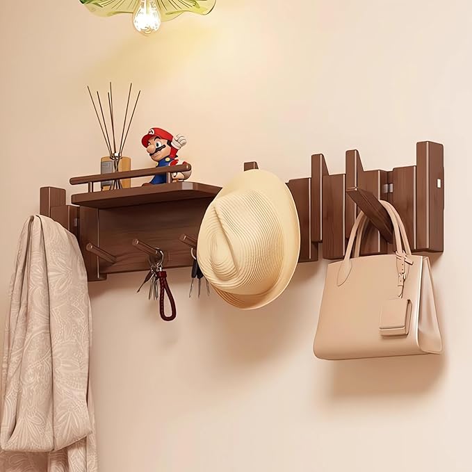 Wall Mounted Piano Key Hanger | Flip Style Hook | Entrance Wall Art Hook, Made of Oak Wood (3 Times Painted, 4 Times Polished) (Fence Walnut, 10Hooks)-Ruum Studio Home