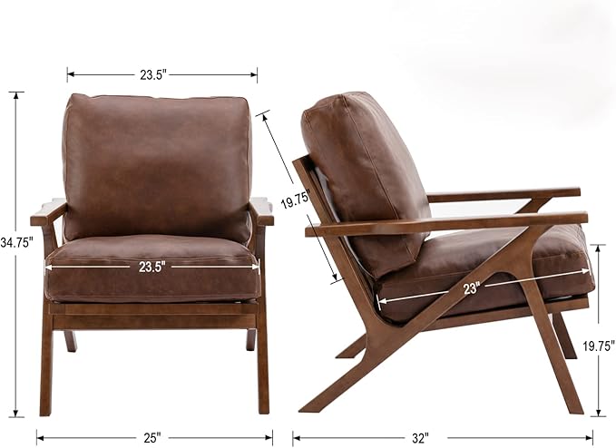 HNY Mid Century Arm Chair, Retro Accent Armchair with Wood Frames & Faux Leather Upholstered Removable Cushions, Leisure Reading Chair Slipper Chair for Living Room Bedroom, Brown-Ruum Studio Home