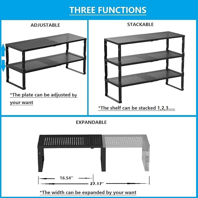 Expandable,Adjustable & Stackable Spice Rack, Cabinet Kitchen Countertop Shelf Organizer,Metal Pantry Storage Shelves - Space-Saving Storage Solution(1Pack/Black/Large)-Ruum Studio Home