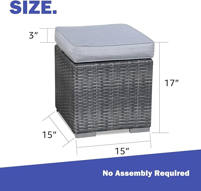 Patiorama 2 Pieces Assembled Outdoor Patio Ottoman, Indoor Outdoor All-Weather Grey Wicker Rattan Outdoor Footstool Footrest Seat with Light Grey Cushions, No Assembly Required-Ruum Studio Home