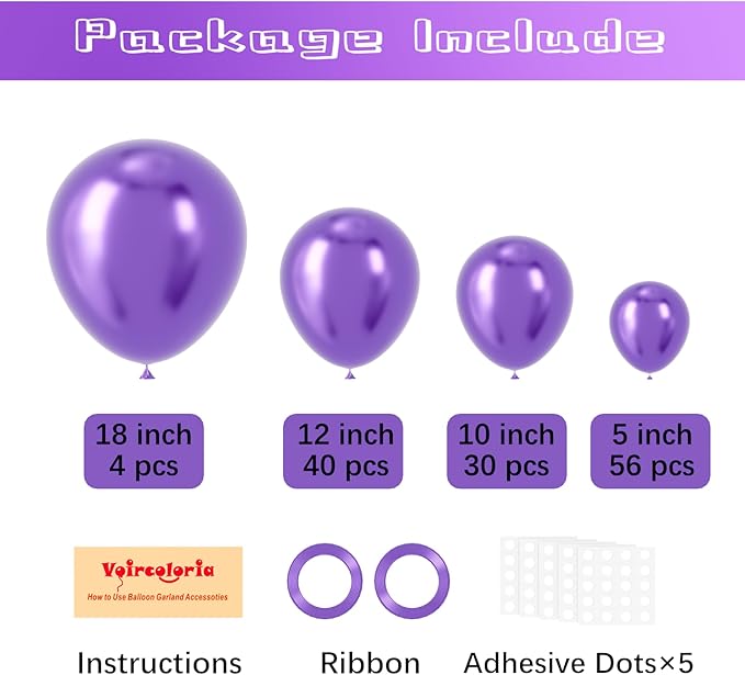 130pcs Metallic Purple Balloons Different Sizes 18" 12" 10" 5" Chrome Purple Latex Balloon Garland Arch Kit for Birthday Baby Shower Graduation Wedding Gender Reveal Party Decorations-Ruum Studio Home