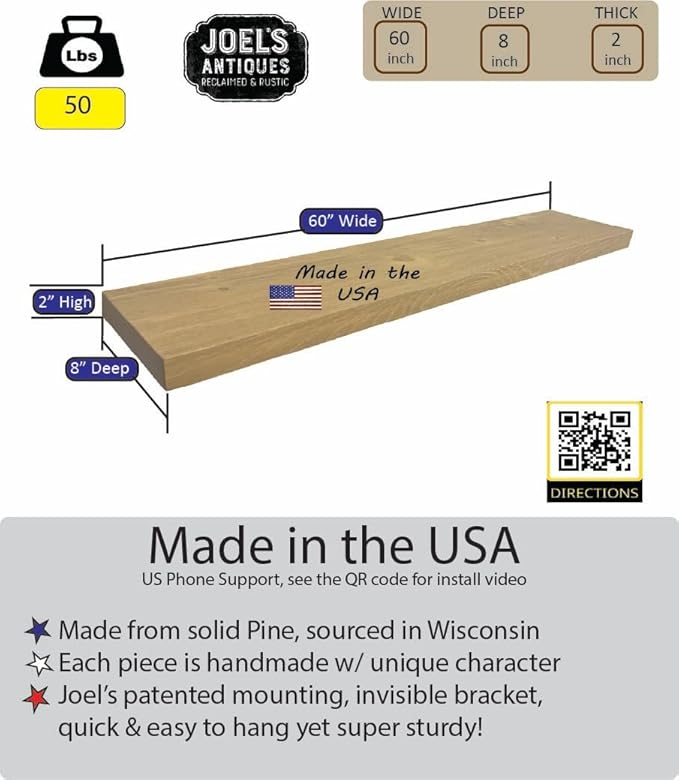 joelsantiques 60 Inch Wooden Floating Shelves for Wall - 60x8x2 in - Made of Natural Wood - Long Wall Shelves for Bedroom - Perfect for Living Room, Kitchen - Made in USA - Beige-Ruum Studio Home