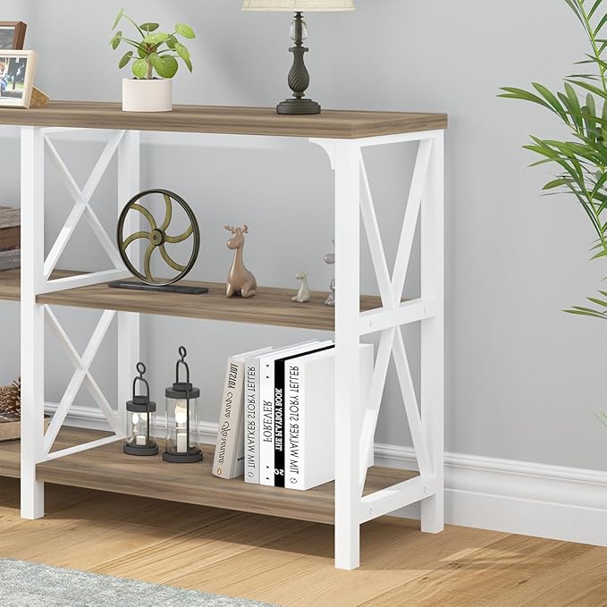 LVB Farmhouse Entryway Table, Industrial Wood Sofa Table with Storage Shelf, Modern Console Tables Behind Couch for Living Room, Wooden Hallway Foyer Table for Front Entry, White Rustic Oak, 55 Inch-Ruum Studio Home