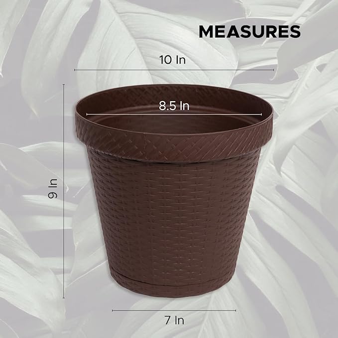 Elly Décor Set of 2 10 inch Round Saucer Modern Self Watering Planter Plates, Pots with Rattan-Like Finish, 10x10 chococlate Brown-Ruum Studio Home