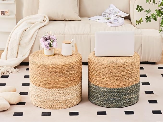 Wimarsbon 18'' Ottoman Pouf, Natural Braided Poof, Rustic Handweave Lounge Pouffe, Boho Footrest Stool for Bedroom, Accent Table or Seat for Living Room (Dusty Blue)-Ruum Studio Home