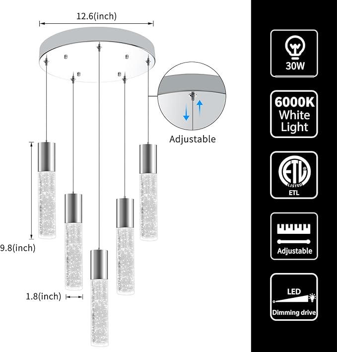 OKELI 5-Light Pendants Light for Kitchen Island Dining Room, 6000K Bubble Crystal Modern LED Kitchen Hanging Lights, 30W Chrome Pendant Lighting Fixture, Round-Ruum Studio Home