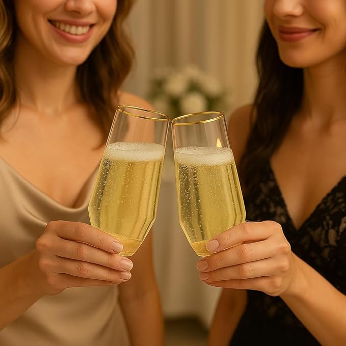 48 Pack Diamond Unbreakable Stemless Plastic Wine Stemless Toasting coacktail Glasses, Durable 9 Oz BPA-Free Disposable Champagne Flutes for Weddings, Bars, Events, and Celebrations (Diamond Gold Rim)-Ruum Studio Home