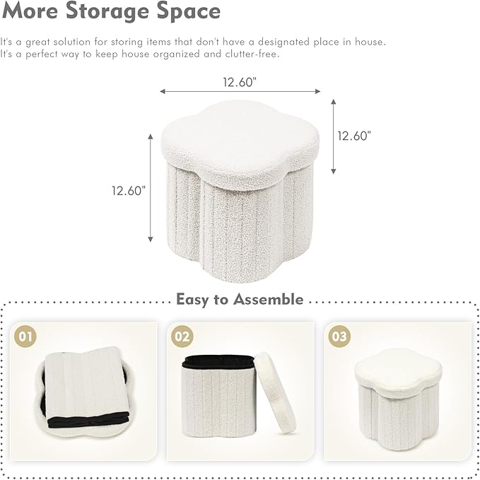 B FSOBEIIALEO Storage Ottoman Cube, Flowers Shaped Ottomans with Storage Foot Stool Footrest for Lving Room, Boucle Ottoman Seat for Dorm Room,Faux Teddy Fur, Cream White 12.6"x12.6"x12.6"-Ruum Studio Home