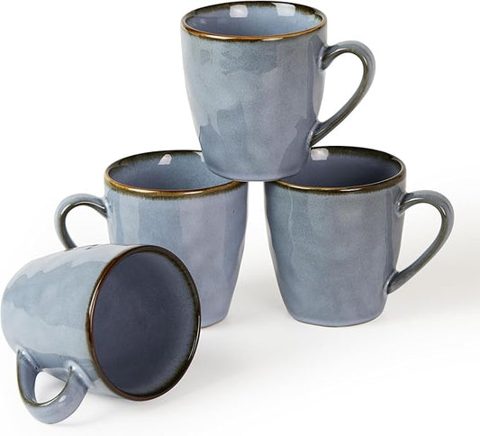 famiware Coffee Mugs Set of 4, Ocean Round 11.5oz Coffee Cup Set with Handle for Cocoa, Milk, Hot Chocolate, Tea or Water, Stoneware Cups for Kitchen, Reactive Glaze, Microwave Dishwasher Safe, Blue-Ruum Studio Home
