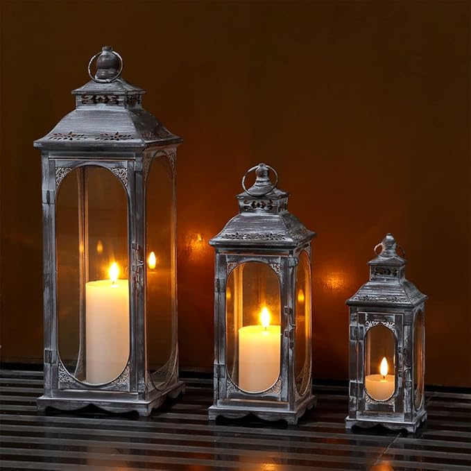 TRIROCKS Set of 3 Vintage Candle Lanterns 10/14/19.5''H Decorative Outdoor Lantern Metal Candle Holder with Tempered Glass for Home Living Room Garden Yard Parties Event Indoors Outdoors (Cement Grey)-Ruum Studio Home