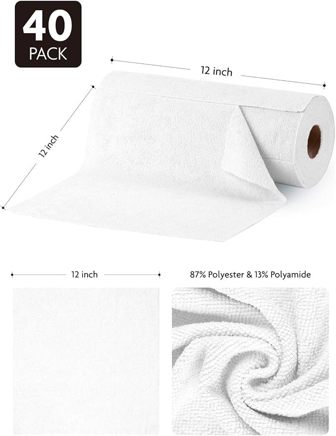 Fantasticlean Microfiber Cleaning Cloth Roll -40 Pack, Tear Away Microfiber Towels, 12" x 12", Reusable, Washable, Scratch Free, Ultra Absorbent Dish Rags for Car, Home, Garage or Shop (White)-Ruum Studio Home