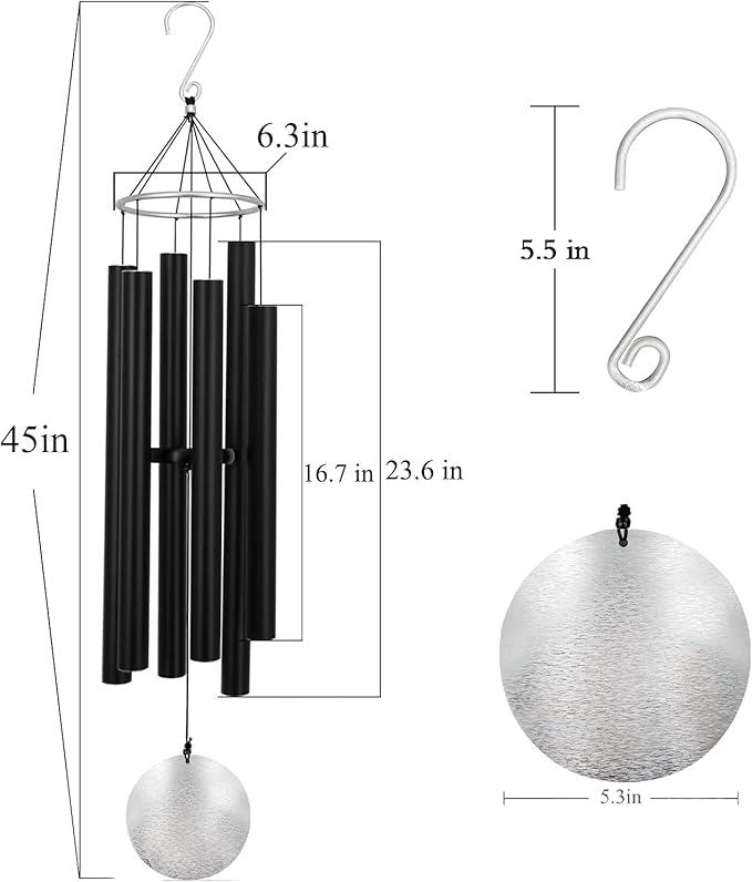 ASTARIN Outdoor Deep Tone,45Inch Sympathy Wind Chimes for Outside with 6 Tubes Tuned Relaxing Melody,Memorial Wind Chimes Large for Mom,Garden Decor,Black-Ruum Studio Home