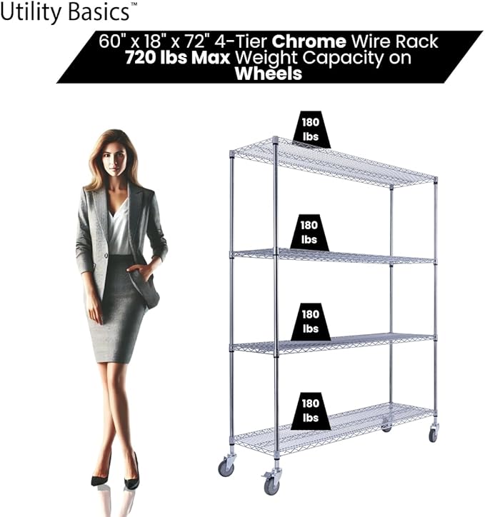 60"x18"x72" Chrome Premium Metal Steel Wire Shelving 4-Tier NSF 3200 LBS MAX Capacity Heavy Duty Storage Rack for Garages, Commercial Spaces, Hospitals, & Schools w/Premium Wheels-Ruum Studio Home
