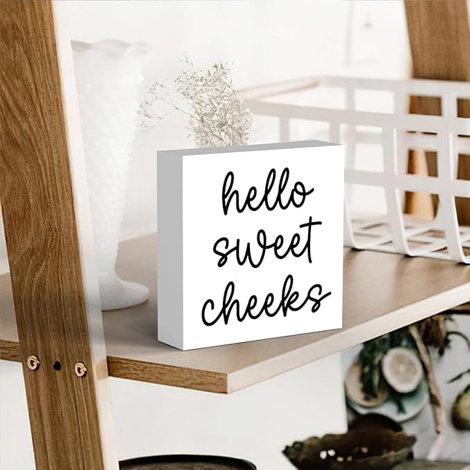 Hello Sweet Cheeks Bathroom Decor, Funny Bathroom Signs Decoration, Black and White Bathroom Decoration, Bathrooms Decor for Shelves, Wooden Box Decoration Sign for Home Farmhouse Living Room Table-Ruum Studio Home
