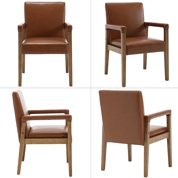 Kmax Modern Dining Chairs Set of 4 Faux Leather Kitchen Arm Chairs Upholstered Accent Chairs with Wooden Legs for Dining Room, Living Room, Bedroom, Brown-Ruum Studio Home