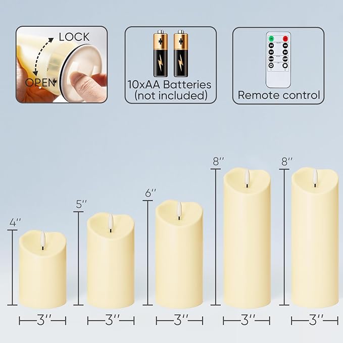 Homemory Outdoor Waterproof Flameless Candles, LED Candles, Battery Operated Candles with Remote and Timers, Electric Fake Plastic Pillar Candles, Dark Ivory, D3 H4 5" 6" 8" 8", Set of 5-Ruum Studio Home