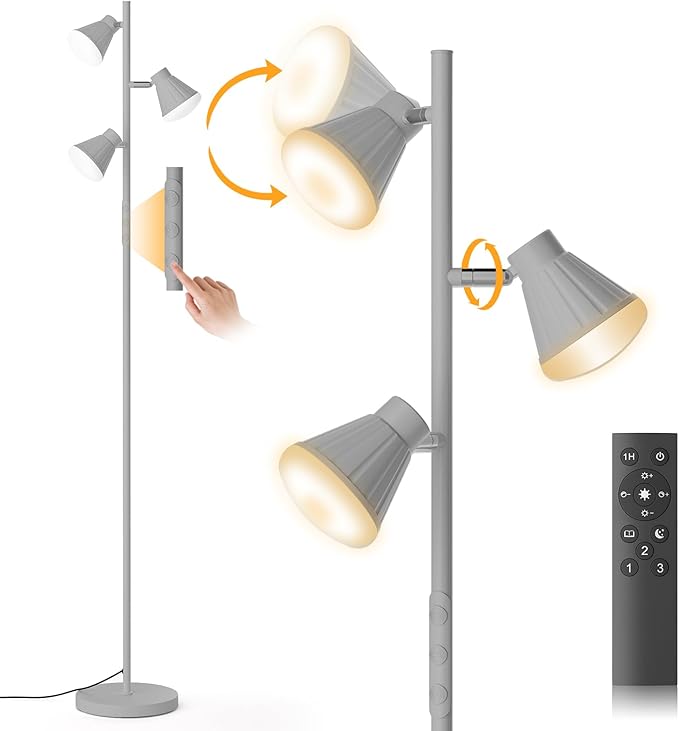 36W LED Tree Floor Lamp, Dimmable Tall Standing Lamp with Remote & Touch Control, 4 Color Temperatures Bright Floor Lamp, 3 Rotatable Light Modern Floor Lamps (Silver Gray)-Ruum Studio Home