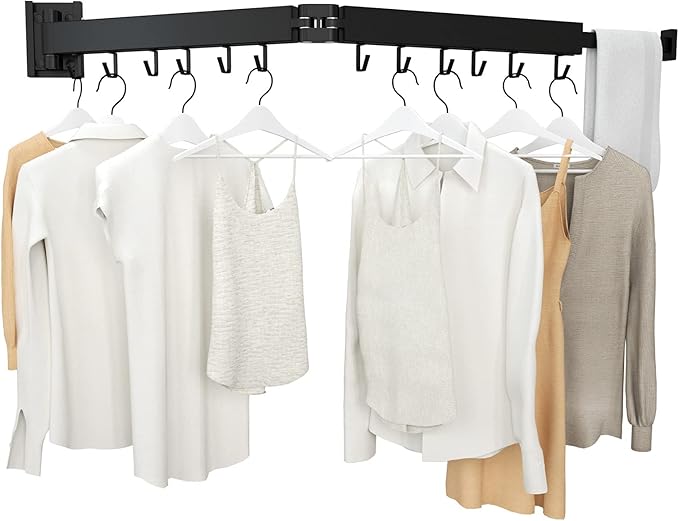 Wall Mount Clothes Drying Rack, 2-Fold Foldable & Sturdy Laundry Drying Rack Wall Mounted, [No Drilling] Space Saver for Laundry, Balcony, Bathroom, Patio, Dormitory, Apartment-Black-Ruum Studio Home