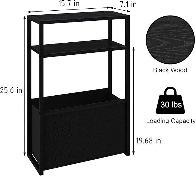 Black Side Table, Slim Side Table with Magazine Rack, Bathroom Table for Small Spaces, Narrow Bedside Table for Living Room, Bedroom-Ruum Studio Home