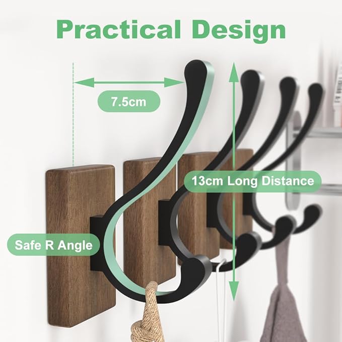 Wood Wall Hooks for Hanging - 4 Pack Hooks Wall Mounted, Wooden Rustic Farmhouse Heavy Duty Towel Hooks, Hooks for Coats, Towel, Hat, Keys, Purse, Bag and Robe-Ruum Studio Home