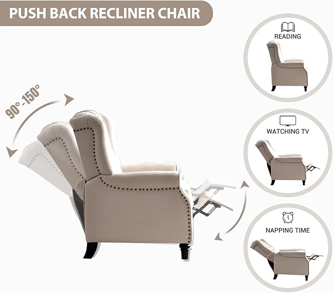 EBELLO 2 Pcs Pushback Recliner Chairs, Fabric Armchair Push Back Recliner with Rivet Decoration, Single Sofa Accent Chair for Living Room, Bedroom,Beige-Ruum Studio Home