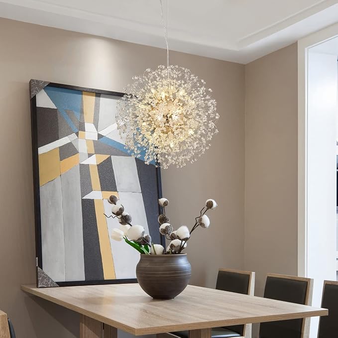 Modern Crystal Chandelier, Sputnik Dandelion High Ceiling Hanging Lamp, Large Beaded Gold Pendant Light for Living Room Dining Room Kitchen Island Bedroom (Gold 16Lights)-Ruum Studio Home