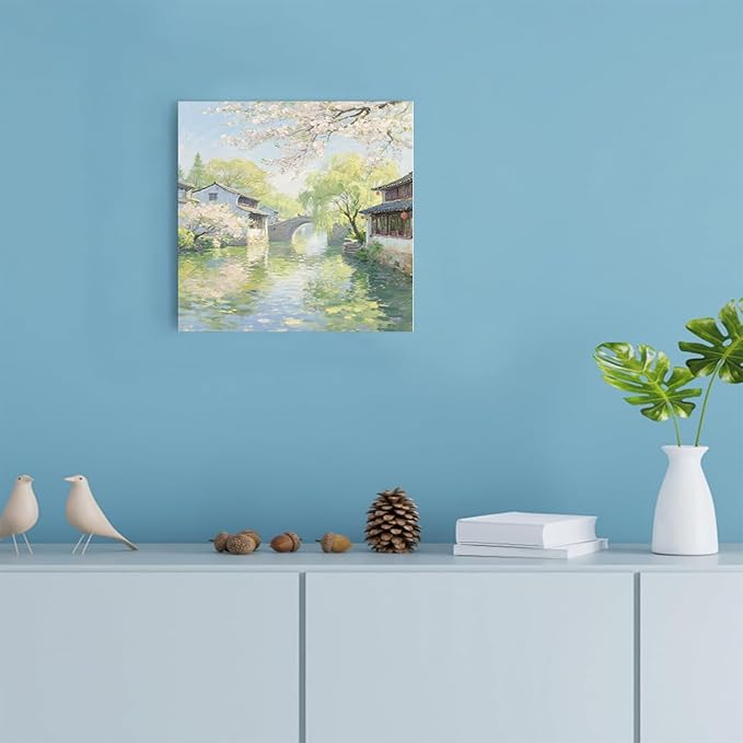 Small bridge stream house Jiangnan style landscape poster suitable for living room bedroom office natural oil painting poster-Ruum Studio Home
