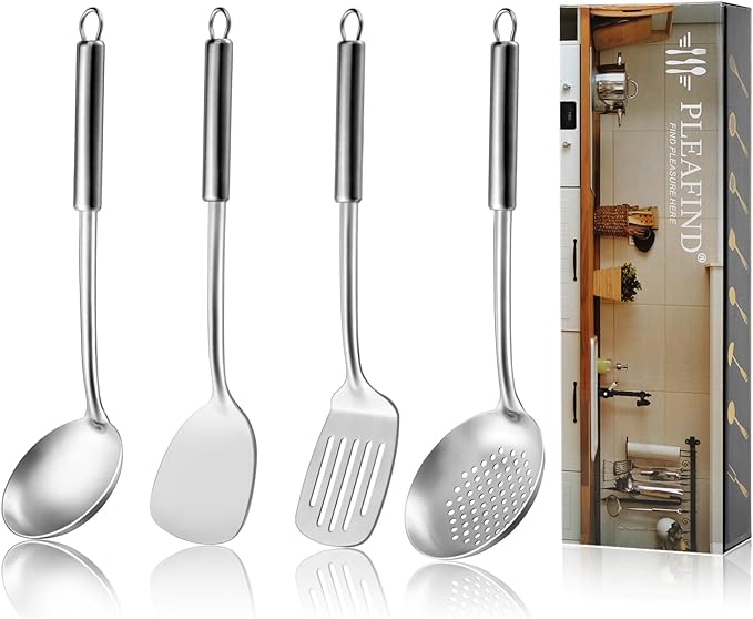 Pleafind 4-Pcs Cooking Utensils Set, Stainless Steel Kitchen Utensils, Wok Utensils Set Include Wok Ladle, Slotted Spoon, Wok Spatula and Slotted Spatula, Dishwasher Safe-Ruum Studio Home