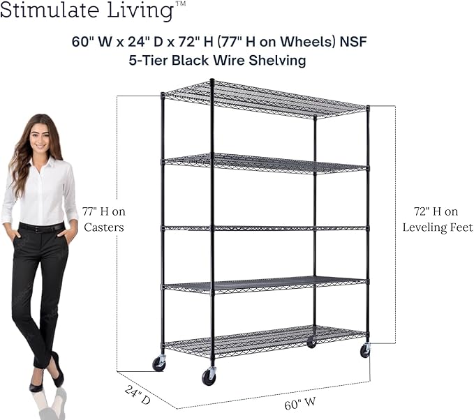 60"x24"x72" PRIME HEAVY DUTY Black 5-Tier Wire Shelving NSF 3000 LBS MAX Capacity Storage Rack for Commercial, School, Home, Garage, Warehouse, Industrial, and Hospital Uses (with Wheels)-Ruum Studio Home