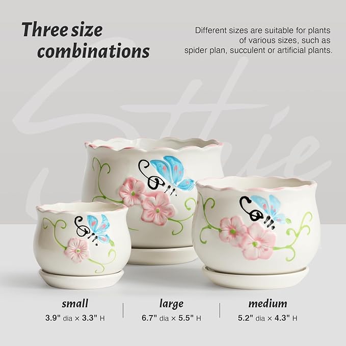 Ceramic Plant Pots with Drainage Holes and Saucers, Round Flower Pots for Indoor Plant, 3.9/5.2/6.7 Inches Flower Large Planters Set of 3-Ruum Studio Home