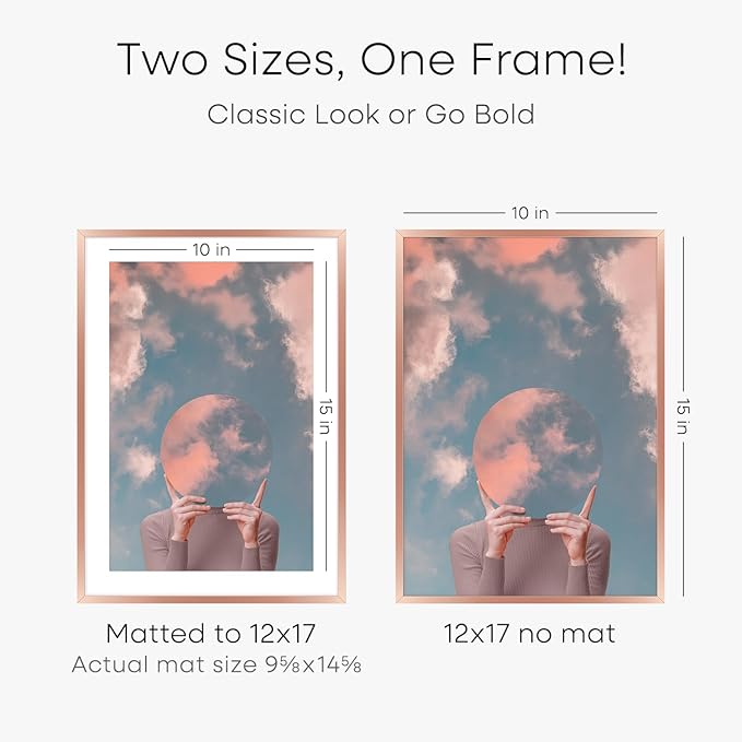 Homeforia 12x17 Picture Frame Rose Gold, High End Metal 12x17 Poster Frames with Mat 10x15 Photo, 12 x 17 Rose Gold Frame Matted to 10 by 15 Print, 17x12 Thin Frame, Tempered Glass, Wall Kit, Set of 1-Ruum Studio Home