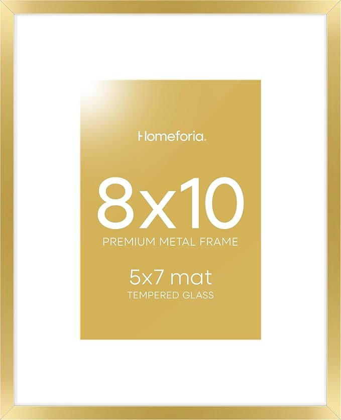 Homeforia 8x10 Picture Frame Gold, High End Metal 8 x 10 Photo Frames with Mat 5 by 7 Art, 10x8 Poster Frame Matted to 5x7 inch Print, 8by10 Wall or Tabletop Frames, Tempered Glass, Wall Kit, Set of 1-Ruum Studio Home