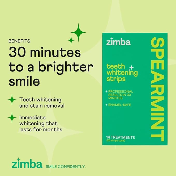 Zimba Spearmint Flavored Teeth Whitening Strips | Vegan, Enamel Safe Hydrogen Peroxide Teeth Whitener for Coffee, Wine, Tobacco, and Other Stains | 14 Day Treatment | Spearmint-Ruum Studio Home