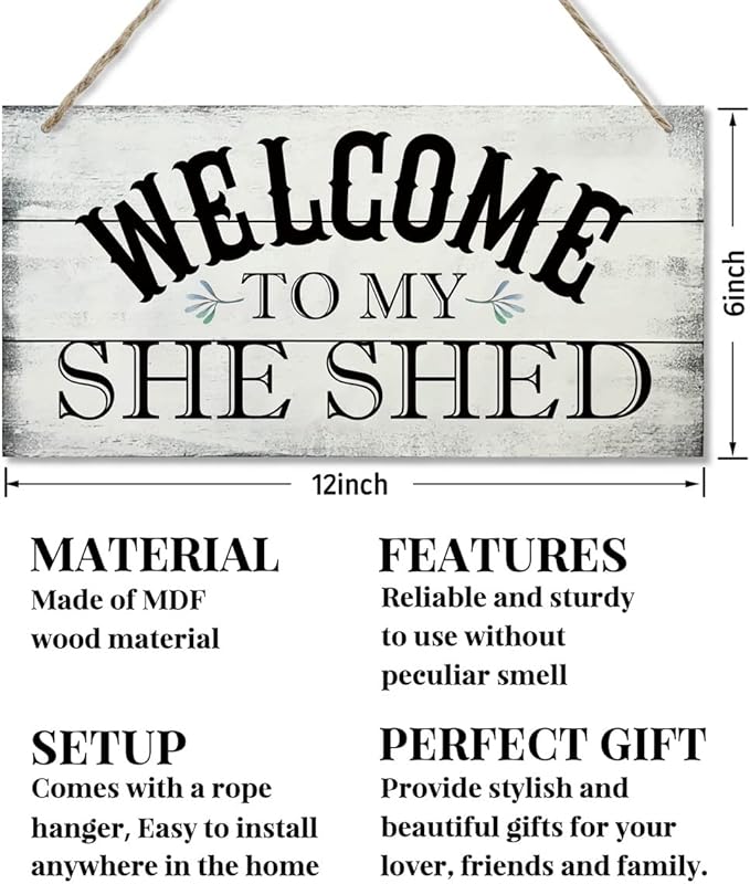 Welcome To My She Shed Decor Sign, Printed Wood Wall Art Sign, Funny Bar Signs for She Shed Room Decor, Hanging Wood Sign Home Decorative, Rustic Farmhouse Welcome Wood Sign Decor Wall Art 12x6 in-Ruum Studio Home