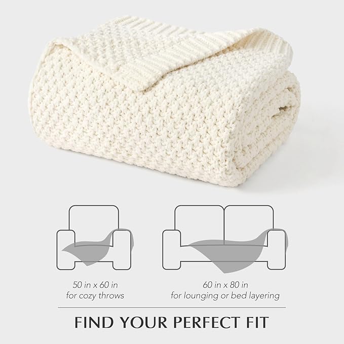 Chunky Chenille Knit Throw Blanket for Couch, Soft Luxurious Moss Stitch Blankets for Bed, Cozy Decorative Farmhouse Knitted Throws for Sofa, Ivory White, 50" x 60"-Ruum Studio Home