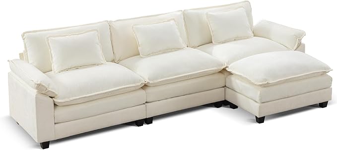 URRED Modular Sectional Sofa Comfy Cloud Couch, Modern Chenille Sofa Sleeper Deep Seat Couches with Ottoman/Pillows for Living Room (White, 117''- L Shape)-Ruum Studio Home