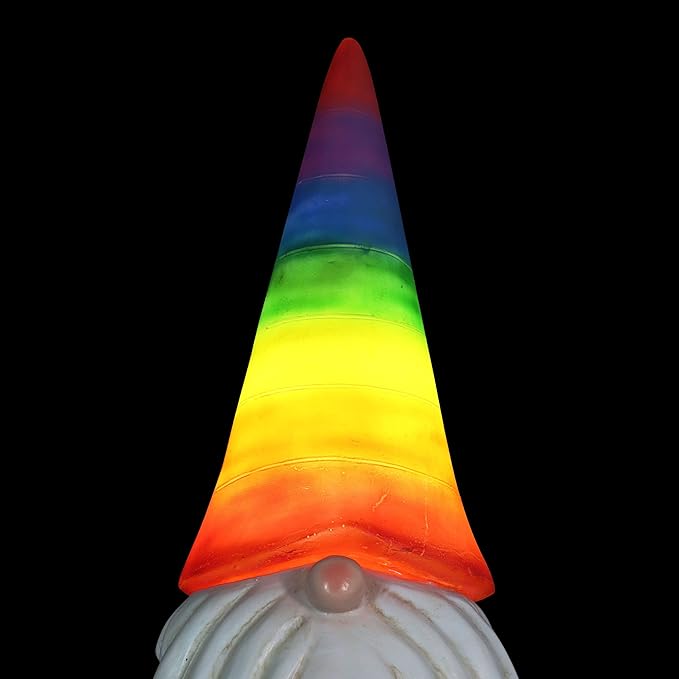 Exhart Garden Gnome, Solar Garden Gnome Statue with Heart, LED Rainbow Hat, Cute Outdoor Garden Decoration, 6 x 12.5 Inch, Multicolor, Resin-Ruum Studio Home