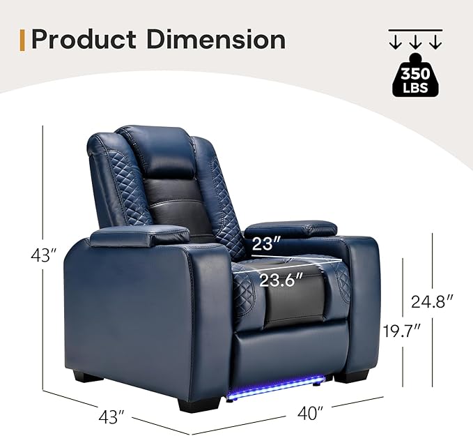 ANJ Power Home Theater Seating, PU Leather Electric Recliner Chair with Powered Headrest, Dual Motors Movie Reclining Chairs with LED Lights,USB Port, Cup Holders, Hidden Arm Storage (Blue & Black)-Ruum Studio Home