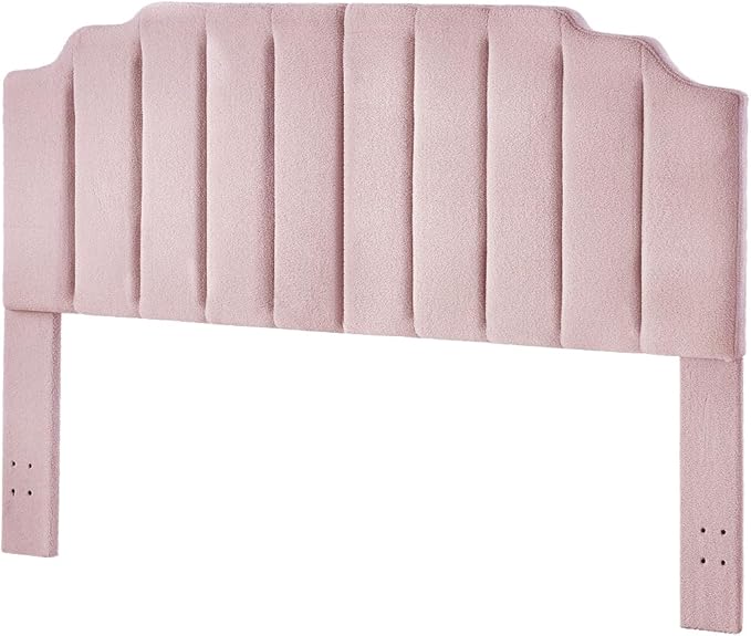 24KF Pink Teddy Fabric Tufted King Upholstered Headboard, Modern Vertical Channel Design California King Headboard with Stepped Silhouette Top Edge,6026-K-Teddy Pink-Ruum Studio Home