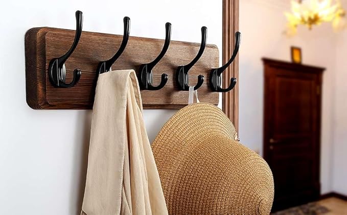 Dseap Wall Mounted Coat Rack: Patented, Heavy-Duty, 17.4" Long 5-Double-Hooks Wooden Hanger Rail for Winter Coats, Hat, Jacket, Clothing - Natural & Black, Pack of 2-Ruum Studio Home