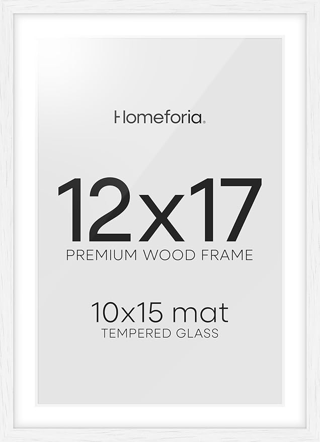 Homeforia 12x17 White Picture Frame, High End Oak 12x17 White Wooden Poster Frames with Mat 10x15 for Print, 12 x 17 Wood Frame Matted to 10 x 15 Photo, 17x12 Frame, Tempered Glass, Wall Kit, Set of 1-Ruum Studio Home