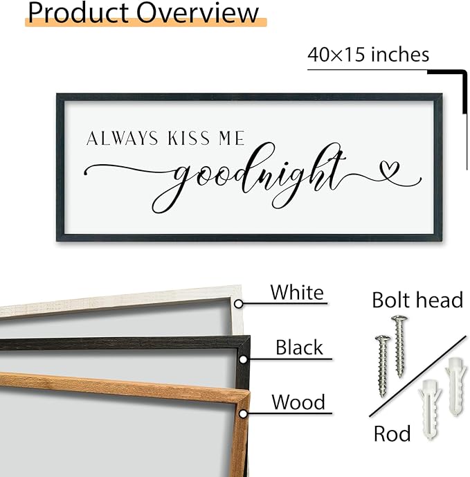 comurdyo Always Kiss Me Goodnight Sign for Bedroom Above bed Wall Decor 40''×15'' Large Wood Frame For Couples Over Bed Hanging Wall Art (Black)-Ruum Studio Home